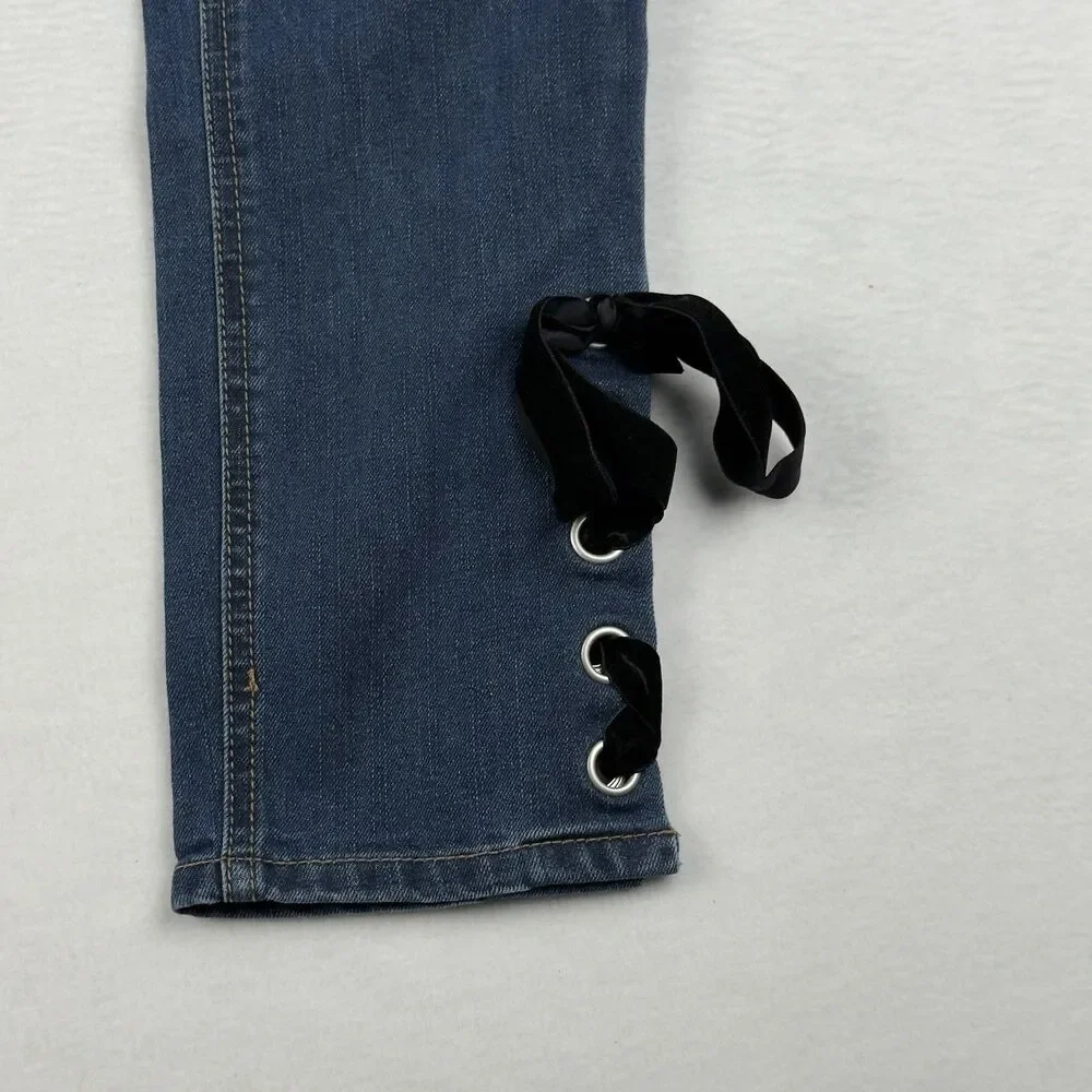 Cato High Rise Jeans Lace up Hem Women's 10 Petite (30x27 Fit) Dark Blue Denim - Picture 3 of 15